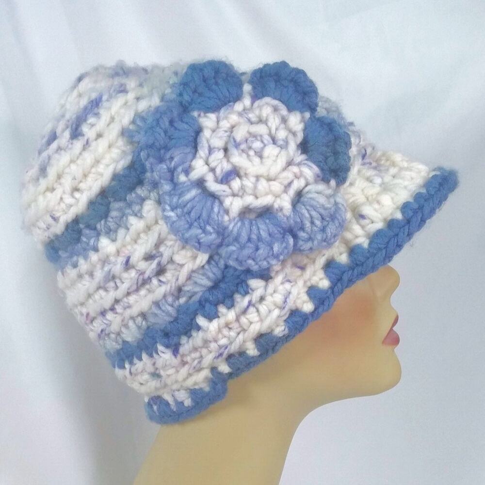 Crochet Newsboy Beanie Brim Handmade Hat Warm Blue Cream Colors Flower Cozy New